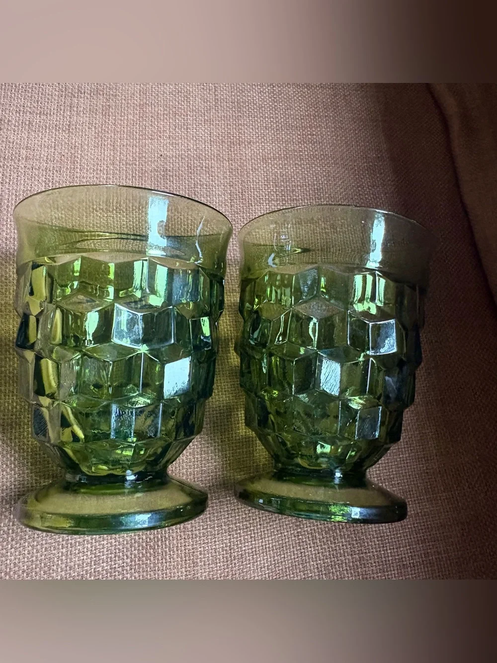 Vtg 60s Indiana Glass Whitehall Colony Cubist Avocado Green Footed 9 Oz Glasses